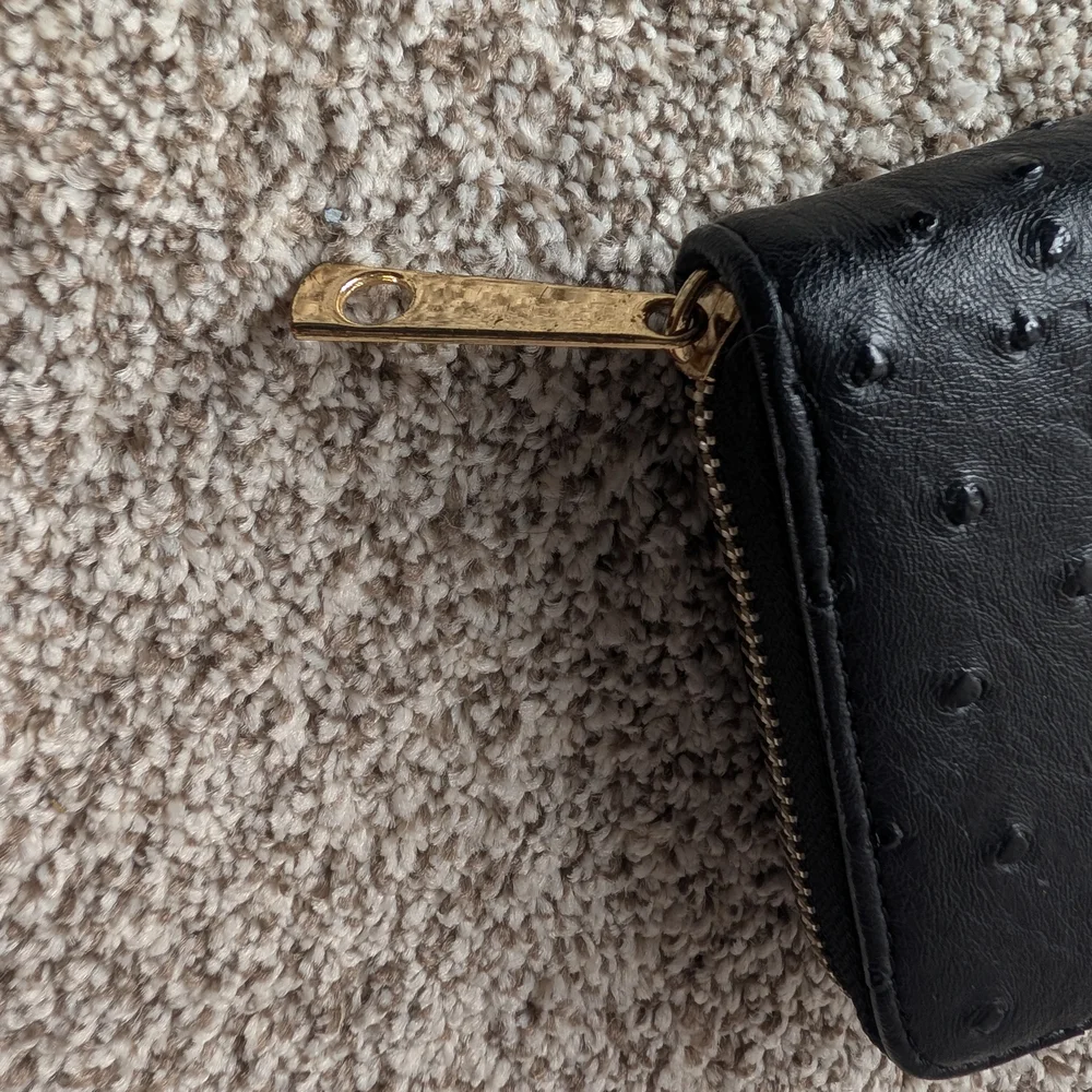 Black Faux Leather Zip Around Wallet Ostrich Croc Embossed Moto Edgy Biker Chic